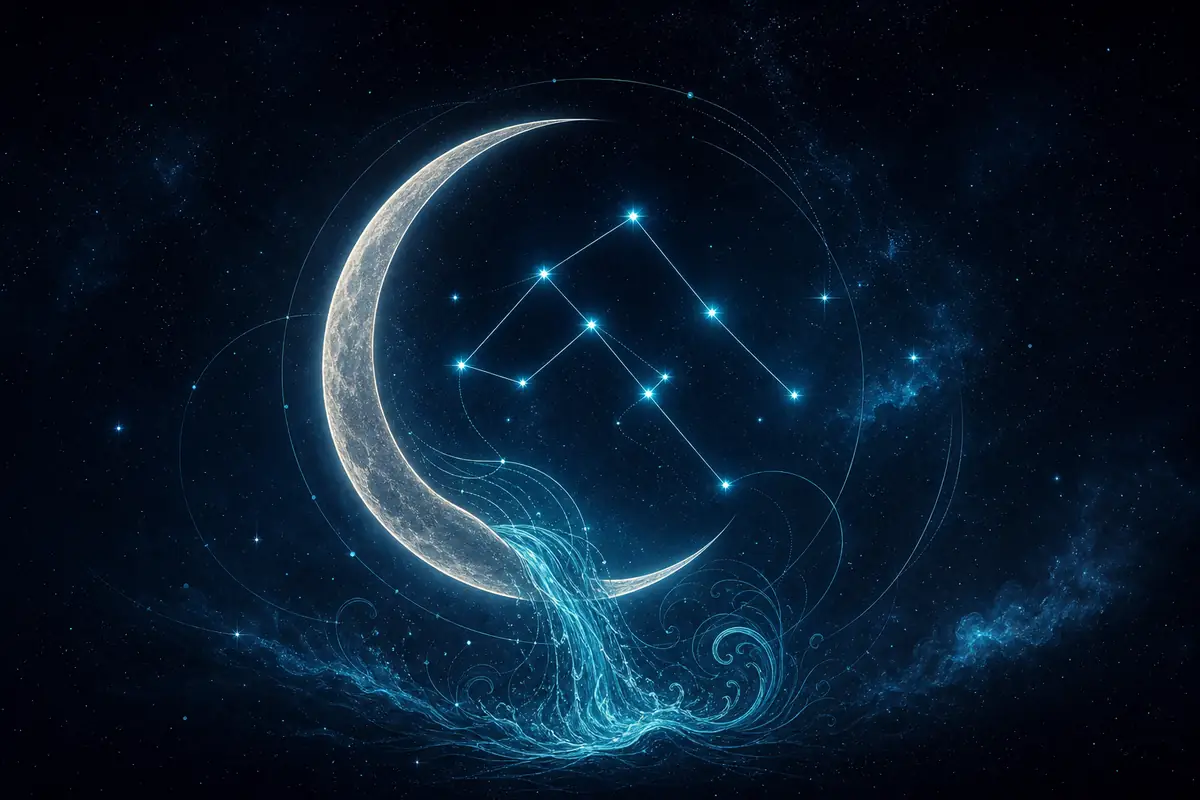 A lone figure gazing at a constellation map under an electric night sky, evoking the intellectual and idealistic emotional world of an Aquarius Moon.