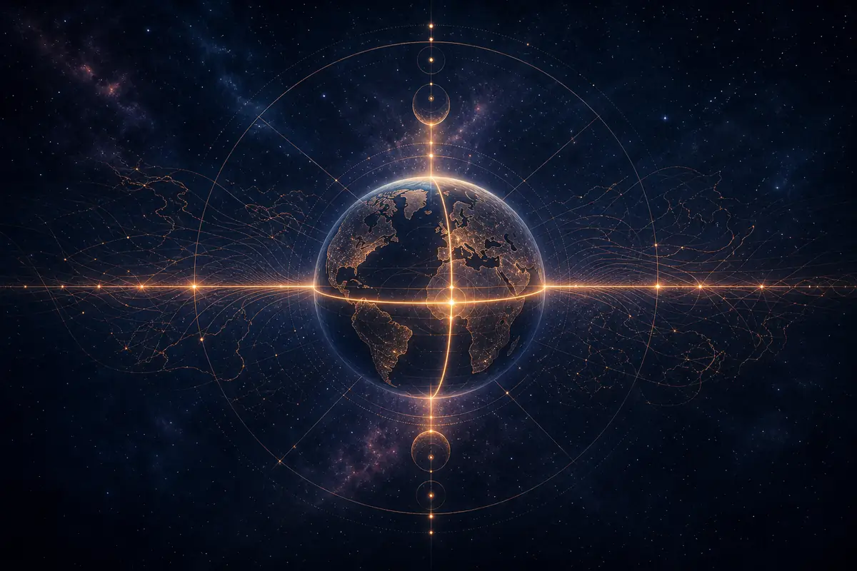 A bright rising line on a world map glowing at the horizon, evoking new beginnings and personal identity.