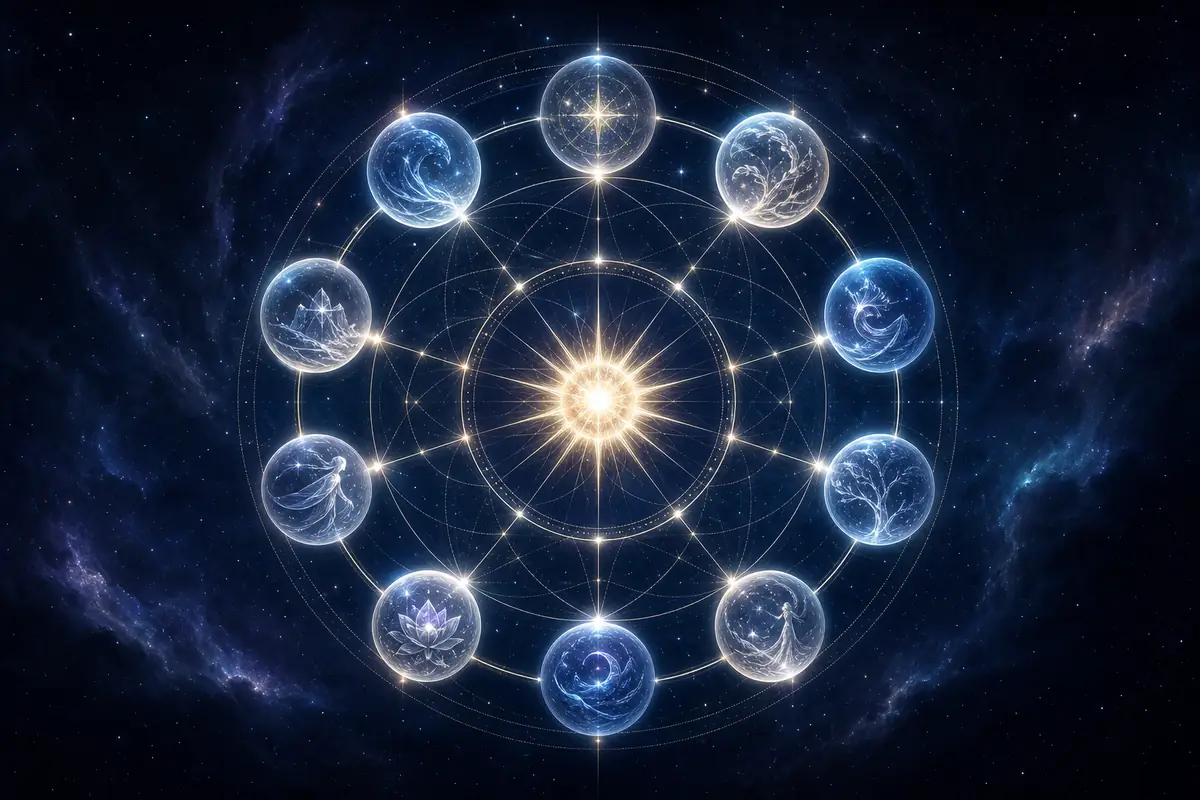 A circular diagram of ten interlocking symbols representing the Ten Gods of BaZi Four Pillars astrology.