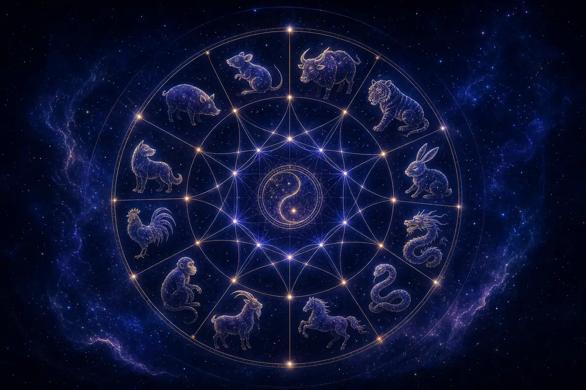 A circular wheel of the twelve Chinese zodiac animals arranged around a yin-yang symbol on a deep crimson background.