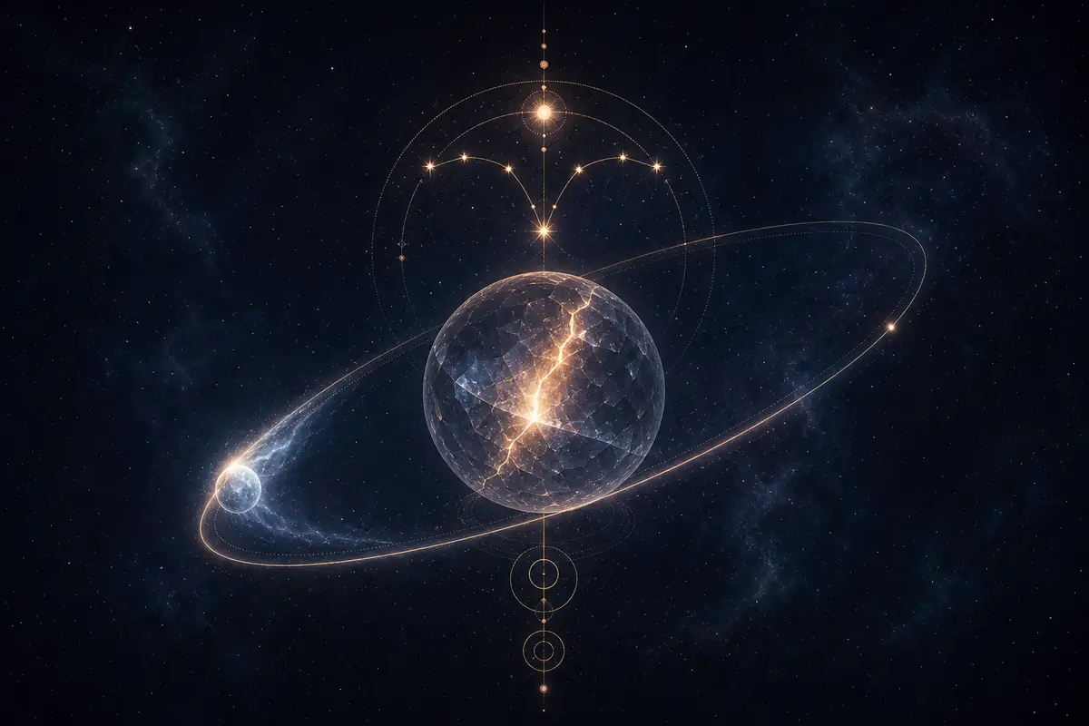 A small icy body trailing a faint haze along a long tilted orbit, beside a crystal sphere glowing through a hairline crack, set within the Aries constellation — Chiron's wound and healing as the courage this placement has to light for itself.
