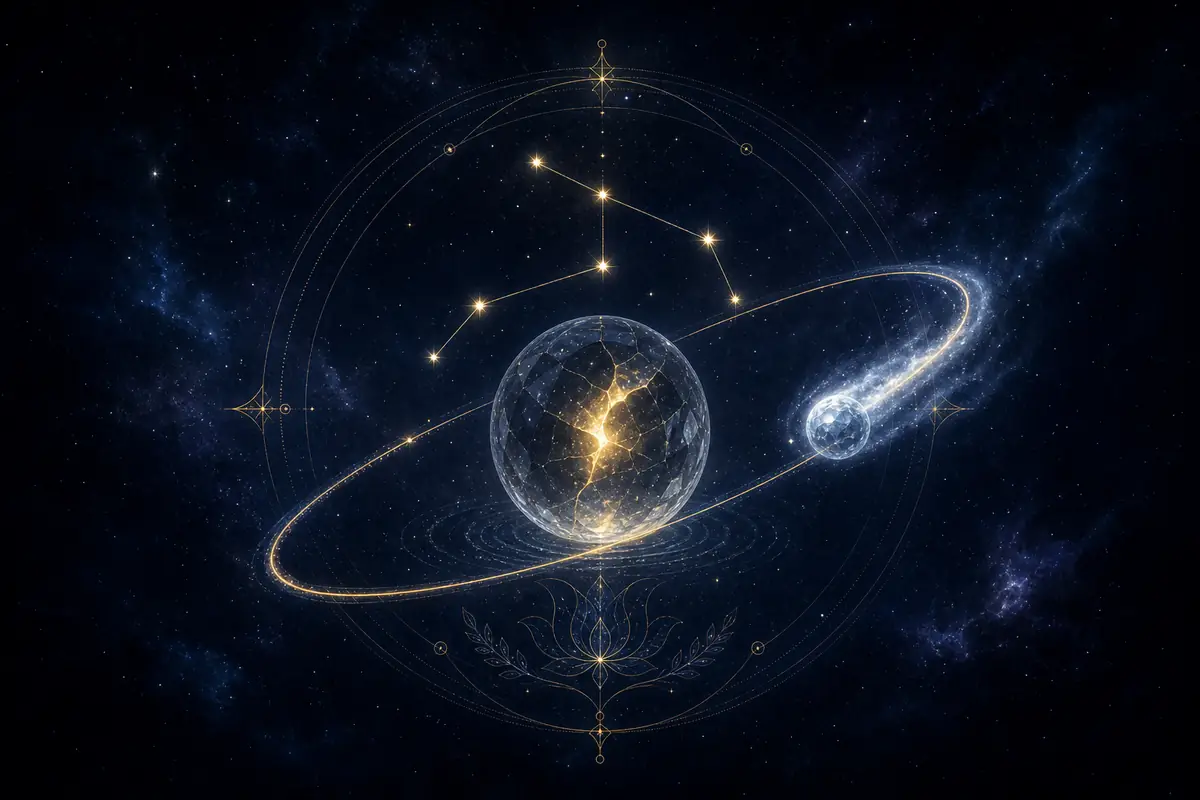 A small icy body trailing a faint haze along a long tilted orbit, beside a crystal sphere glowing through a hairline crack, set within the Cancer constellation — Chiron's wound and healing as the ache to belong.