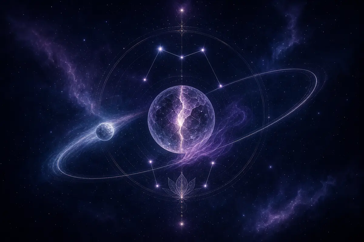 A small icy body trailing a faint haze along a long tilted orbit, beside a crystal sphere glowing through a hairline crack, set within the Gemini constellation — Chiron's wound and healing as a voice that fears being misheard.