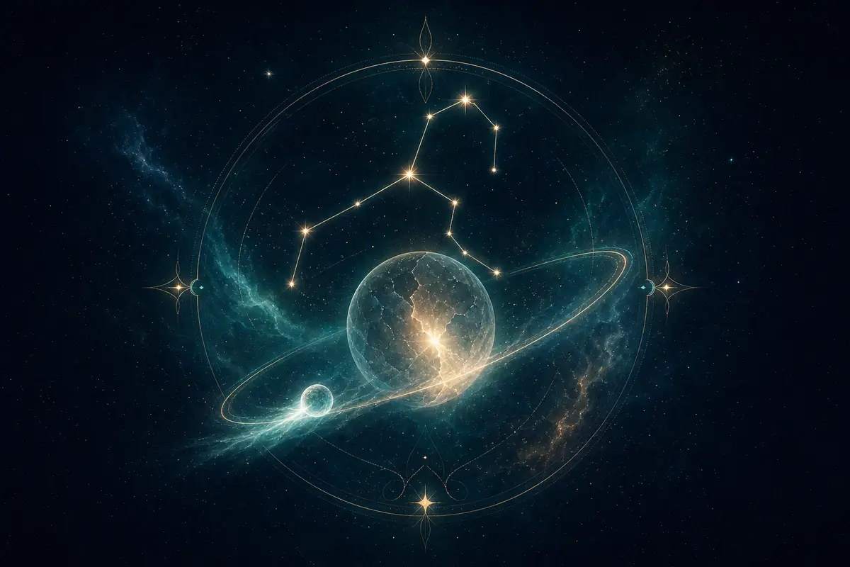 A small icy body trailing a faint haze along a long tilted orbit, beside a crystal sphere glowing through a hairline crack, set within the Leo constellation — Chiron's wound and healing as the wish to be seen.