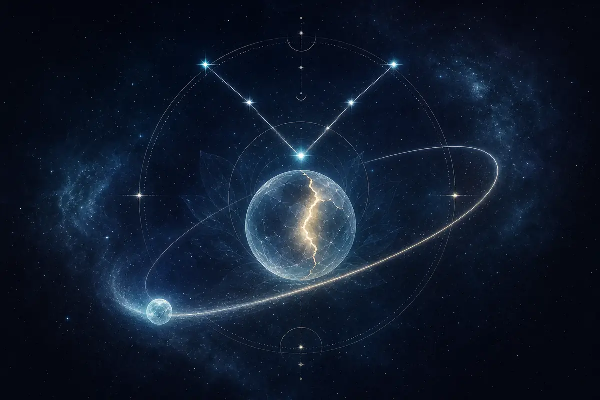 A small icy body trailing a faint haze along a long tilted orbit, beside a crystal sphere glowing through a hairline crack, set within the Taurus constellation — Chiron's wound and healing as a wound around worth and the body.