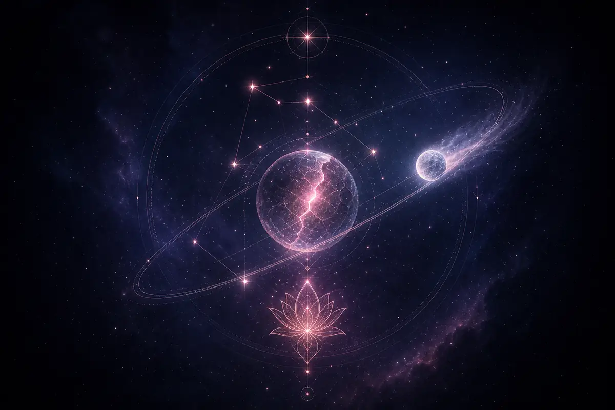 A small icy body trailing a faint haze along a long tilted orbit, beside a crystal sphere glowing through a hairline crack, set within the Virgo constellation — Chiron's wound and healing as the urge to fix what feels imperfect.