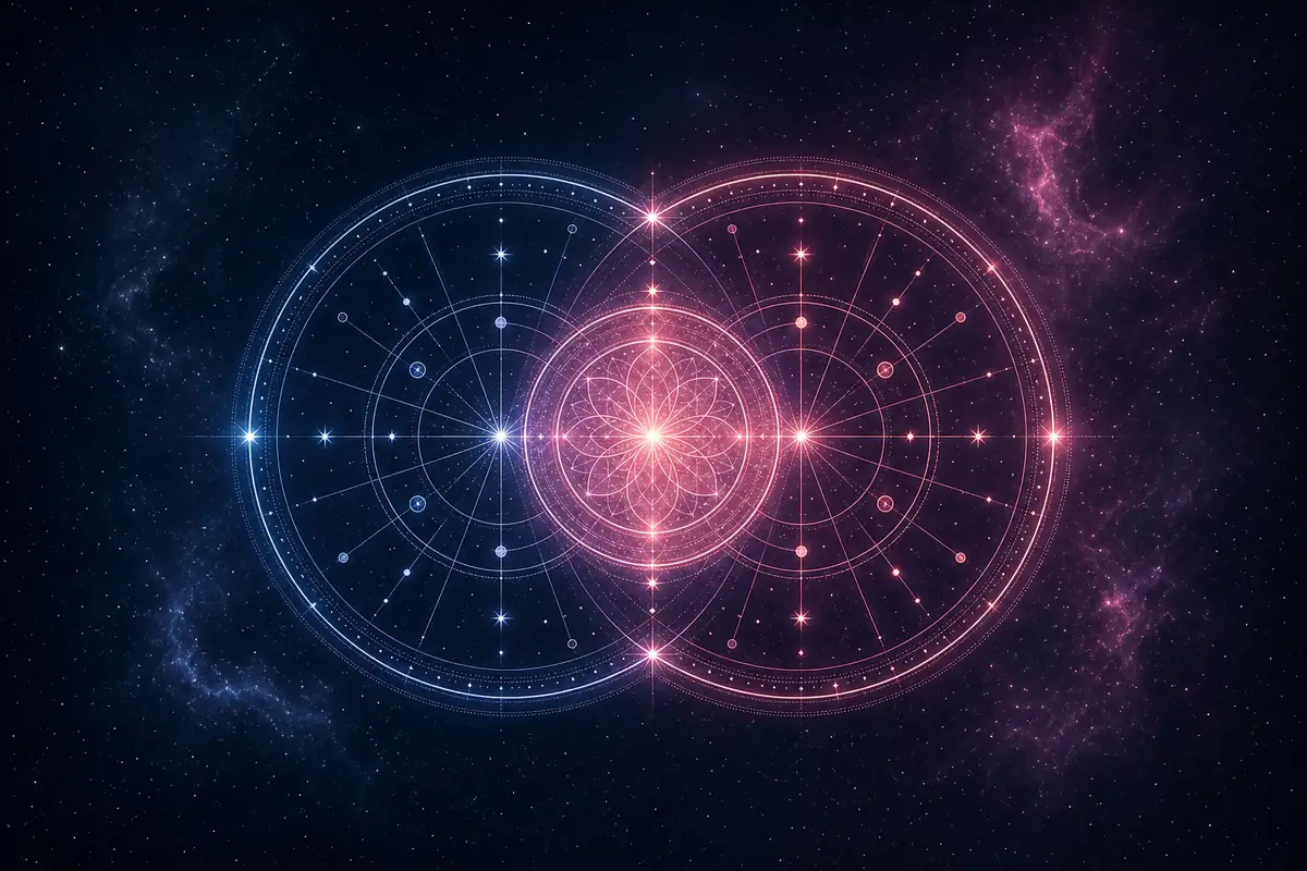 Two overlapping circular charts with a third chart forming in the space between them, built from the points halfway between the planets of each, a composite chart of a relationship.