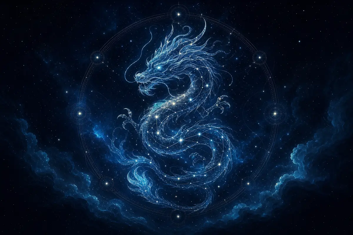 A luminous golden dragon soaring through storm clouds above a glittering cityscape at night.