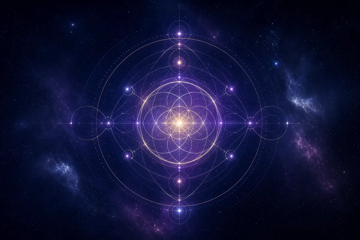 Letters of a full birth name glowing gold against a deep indigo sky, each resolving into a number that converges into a single luminous expression number.