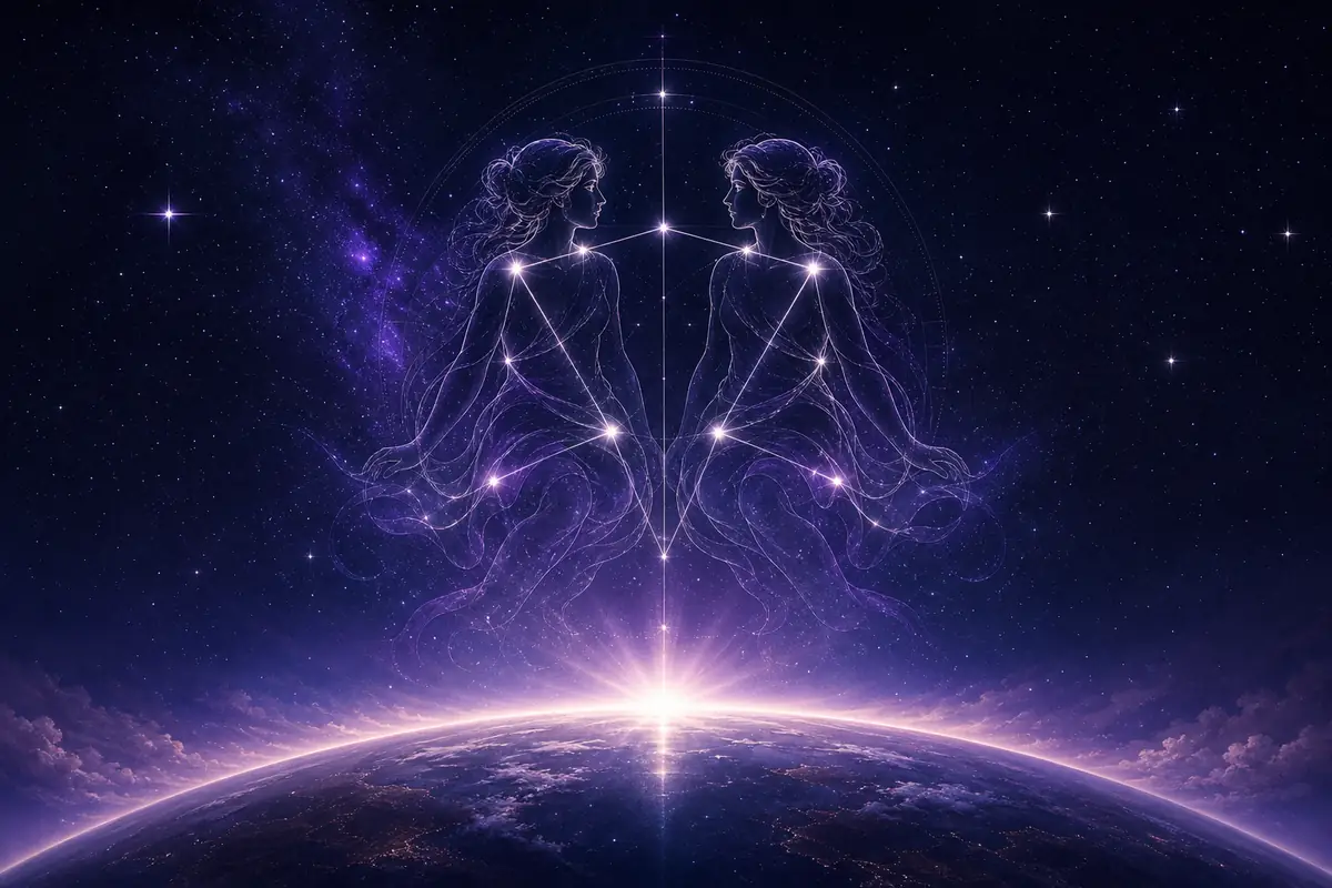 Twin figures conversing beneath a sky full of stars and swirling wind, capturing the quick, dual nature of Gemini Rising.