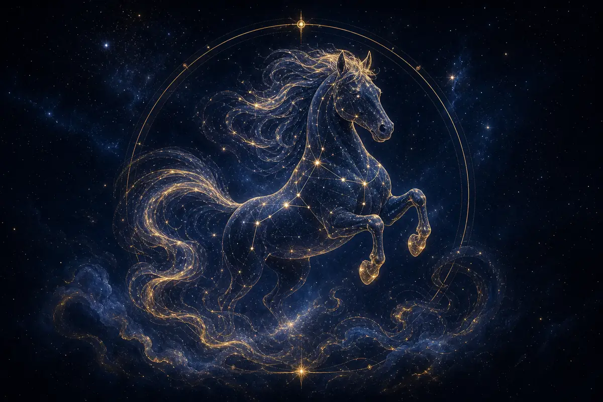 A chestnut horse galloping freely across an open plain beneath a blazing sunset sky.