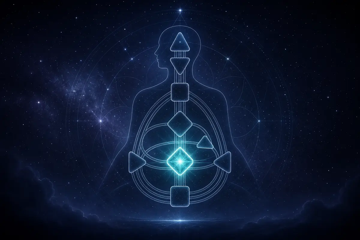A glowing triangular mind center in the Human Design bodygraph radiating violet light, representing conceptual thought.
