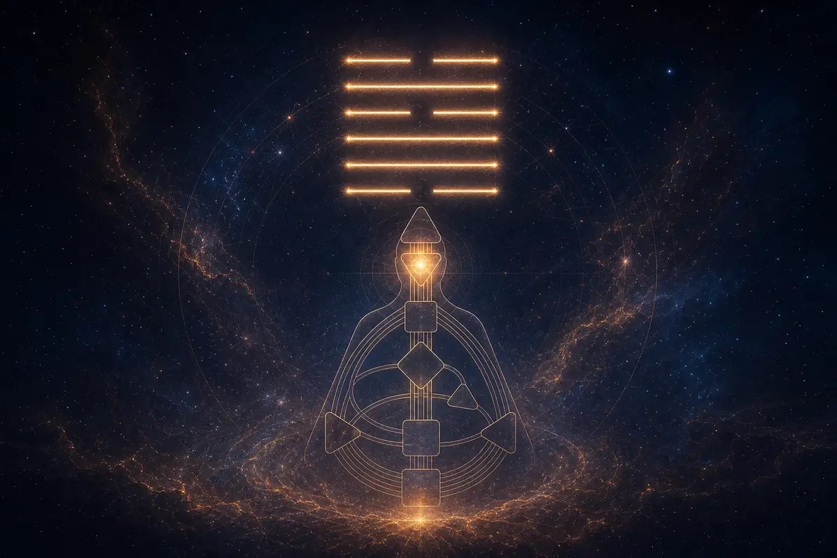 A glowing six-line I Ching hexagram above a faint bodygraph with the Ajna centre lit, evoking gate 17 and opinions.