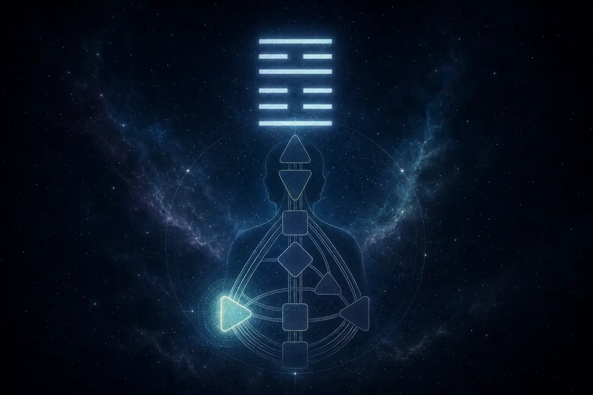 A glowing six-line I Ching hexagram above a faint bodygraph with the Spleen centre lit, evoking gate 18 and correction.