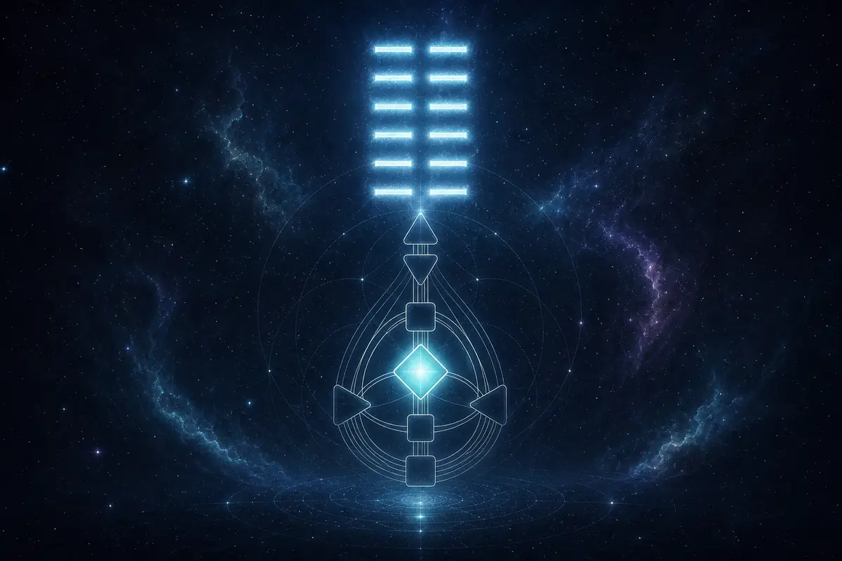 A glowing six-line I Ching hexagram above a faint bodygraph with the G centre lit, evoking gate 2 and the direction of the self.