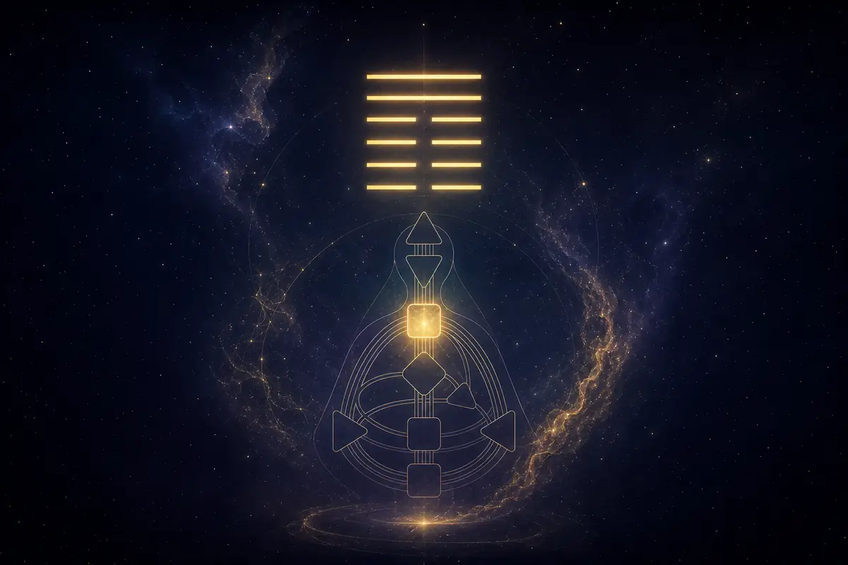 A glowing six-line I Ching hexagram above a faint bodygraph with the Throat centre lit, evoking gate 20 and the now.