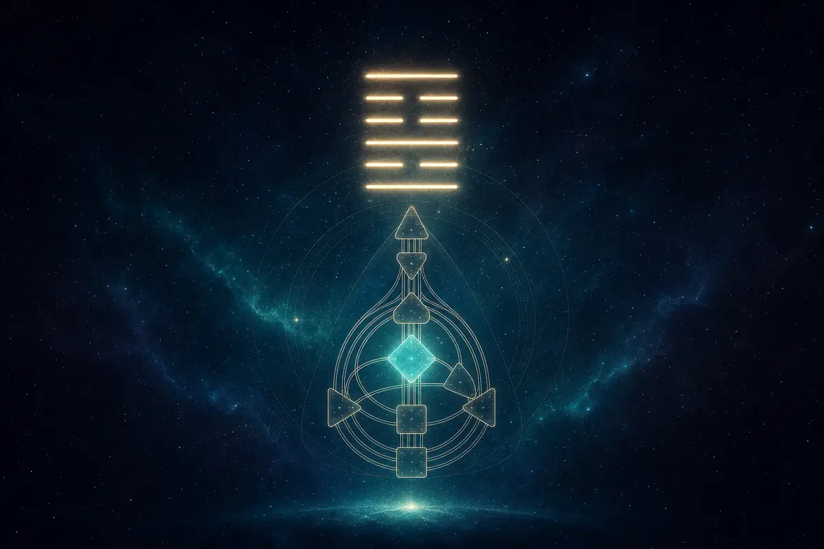 A glowing six-line I Ching hexagram above a faint bodygraph with the Heart centre lit, evoking the hunter of gate 21.