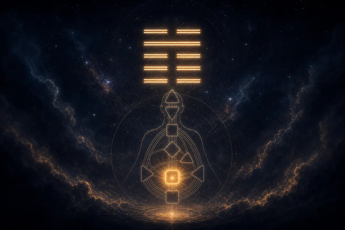 A glowing six-line I Ching hexagram above a faint bodygraph with the gate's centre lit.