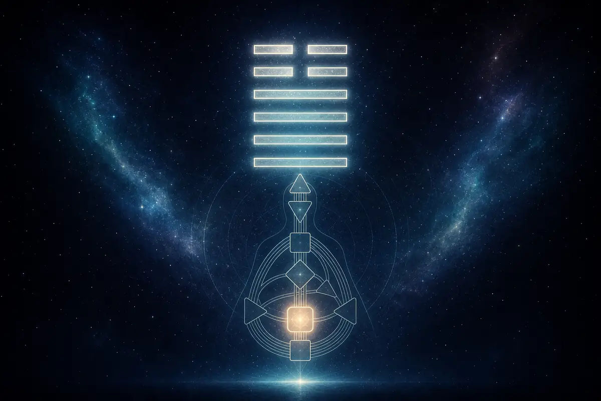 A glowing six-line I Ching hexagram above a faint bodygraph with the Sacral centre lit, evoking gate 34 and power.