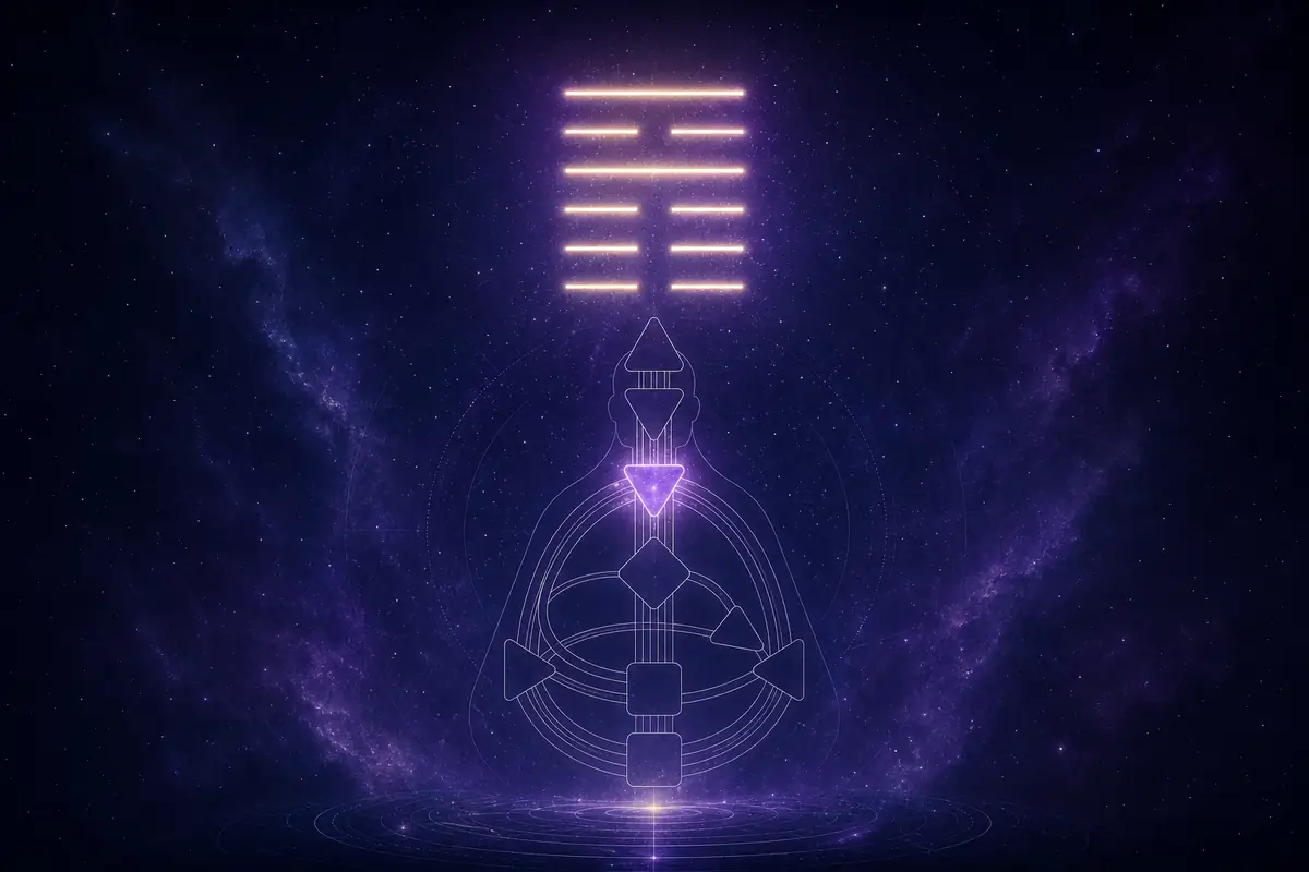A glowing six-line I Ching hexagram above a faint bodygraph with the Throat centre lit, evoking gate 35 and change.