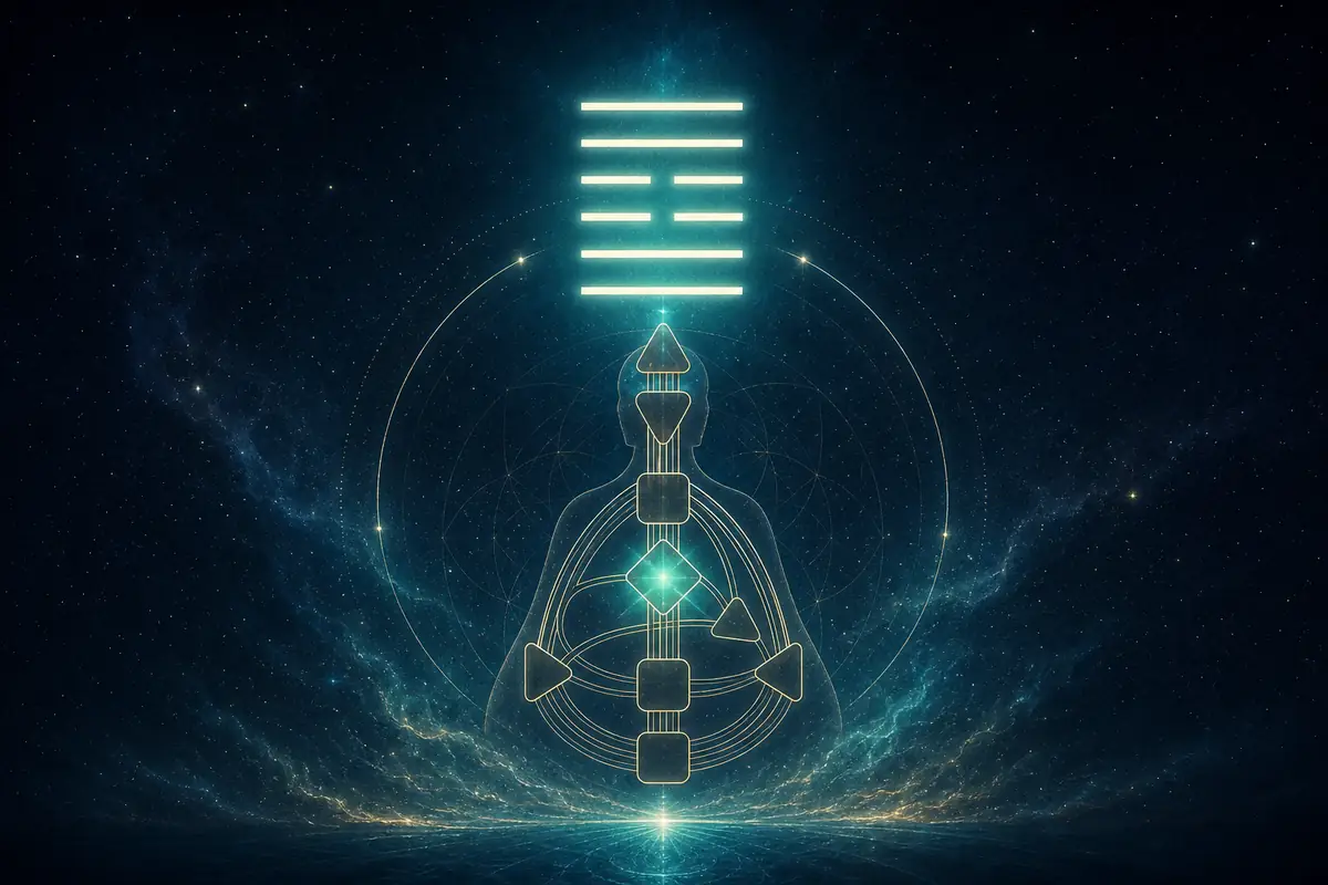 A glowing six-line I Ching hexagram above a faint bodygraph with the Solar Plexus centre lit, evoking the friendship of gate 37.