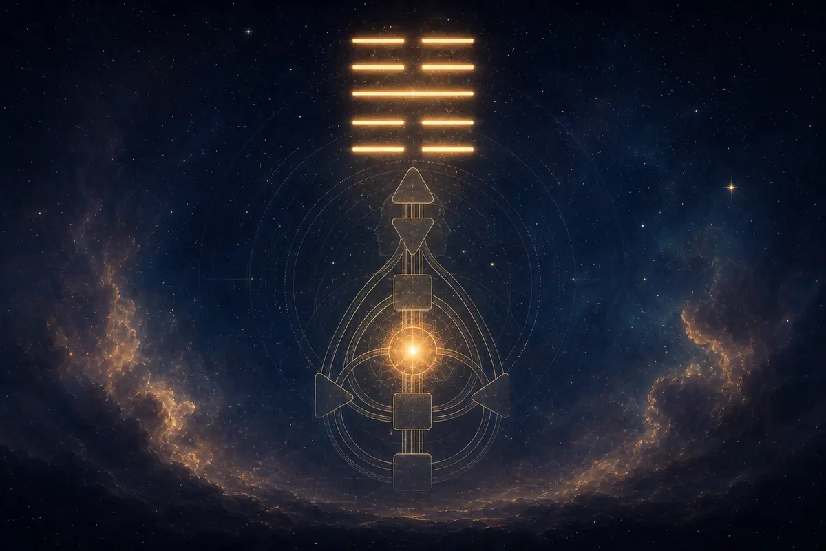 A glowing six-line I Ching hexagram above a faint bodygraph with the Heart centre lit, evoking the solitude of gate 40.