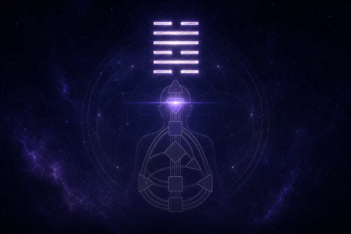 A glowing six-line I Ching hexagram above a faint bodygraph with the Ajna centre lit, evoking gate 47 and realization.