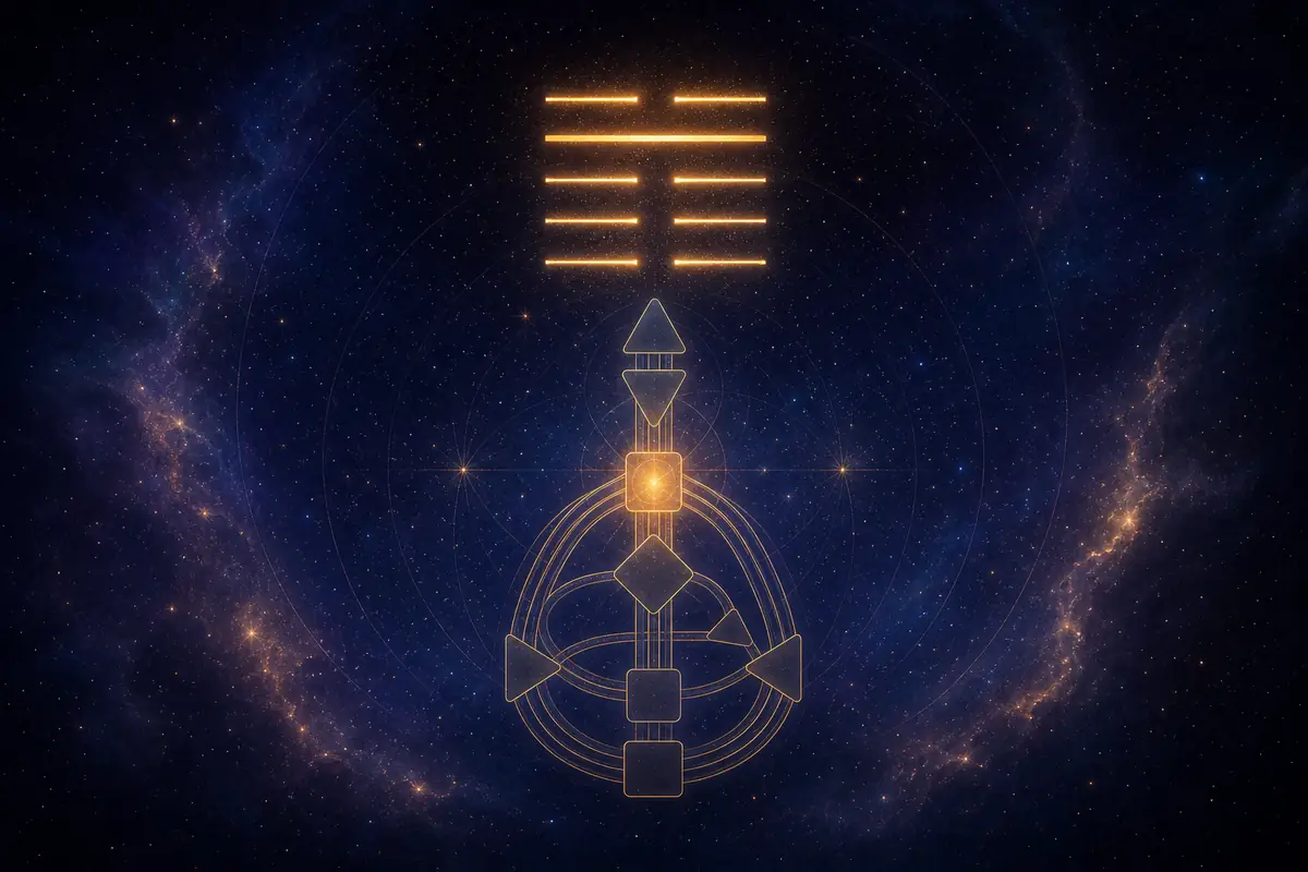 A glowing six-line I Ching hexagram above a faint bodygraph with the Throat centre lit, evoking the contribution theme of gate 8.