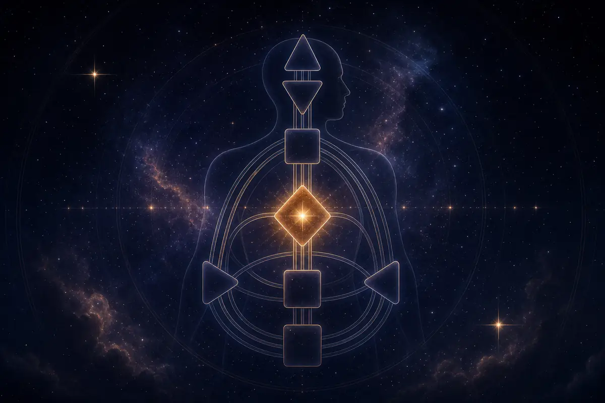 A luminous triangular crown at the top of a Human Design bodygraph, radiating silver light against a deep indigo sky.