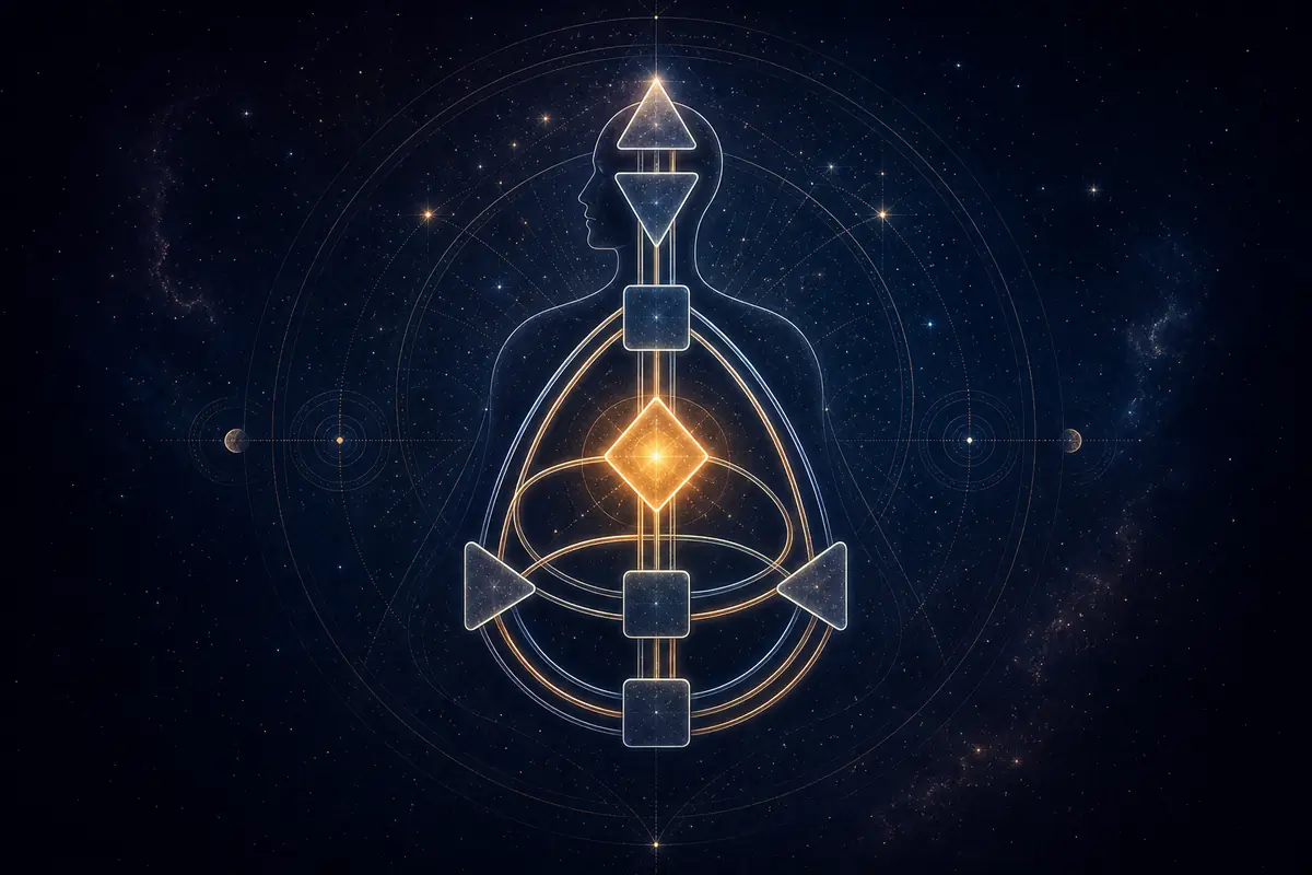 A softly glowing splenic center in pale yellow-green light against a dark cosmic bodygraph, representing the quiet survival intuition of Splenic Authority.