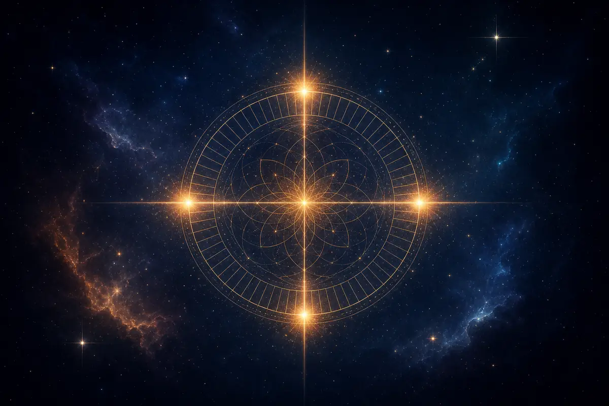 An equal-armed cross of four glowing points on a faint mandala wheel, two of its arms echoed in a second, fainter cross behind it.