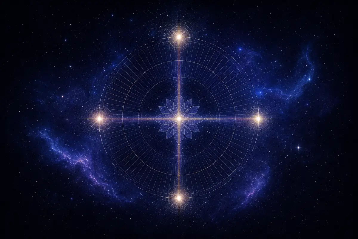 An equal-armed cross of four glowing points on a faint mandala wheel, a veil of soft haze drifting across two of the points.
