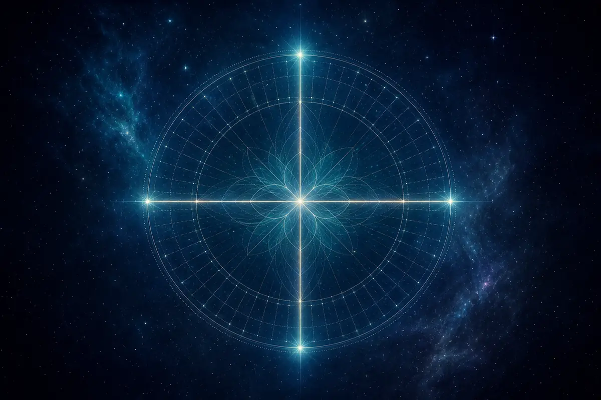 An equal-armed cross of four glowing points on a faint mandala wheel, with a thin arc drawn from one arm toward the horizon.