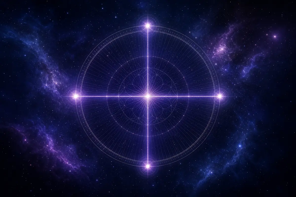 An equal-armed cross of four glowing points fixed at the centre of a faint mandala wheel, with no second cross beside it.