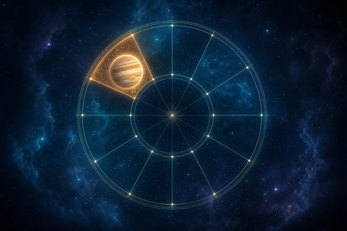 The banded giant planet Jupiter glowing warm gold with a soft halo, set in the eleventh lit segment of a twelve-part astrological wheel.