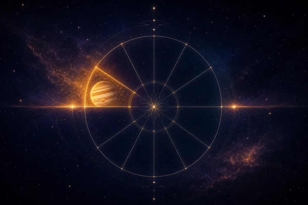 The banded giant planet Jupiter glowing warm gold with a soft halo, set in the twelfth lit segment of a twelve-part astrological wheel.