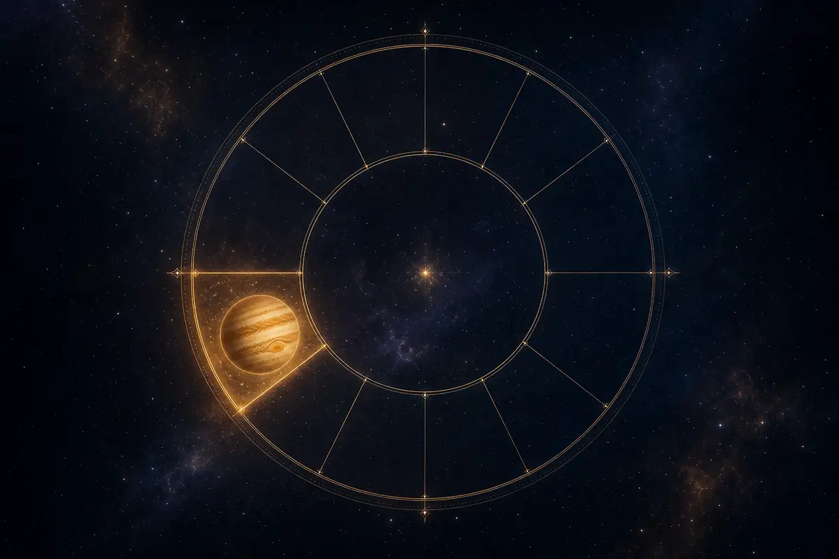 The banded giant planet Jupiter glowing warm gold with a soft halo, set in the lit first segment of a twelve-part astrological wheel at the Ascendant.