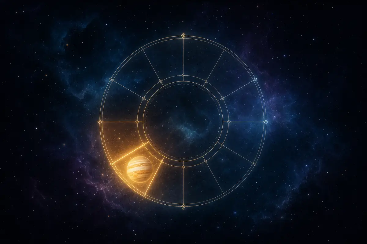 The banded giant planet Jupiter glowing warm gold with a soft halo, set in the lit second segment of a twelve-part astrological wheel beside a small scale of coins.
