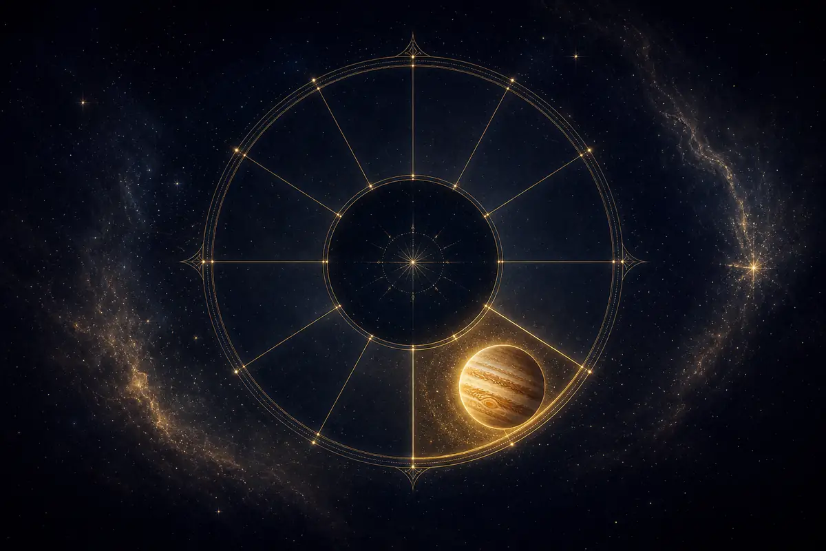 The banded giant planet Jupiter glowing warm gold with a soft halo, set in the lit fourth segment of a twelve-part astrological wheel at the bottom of the chart.