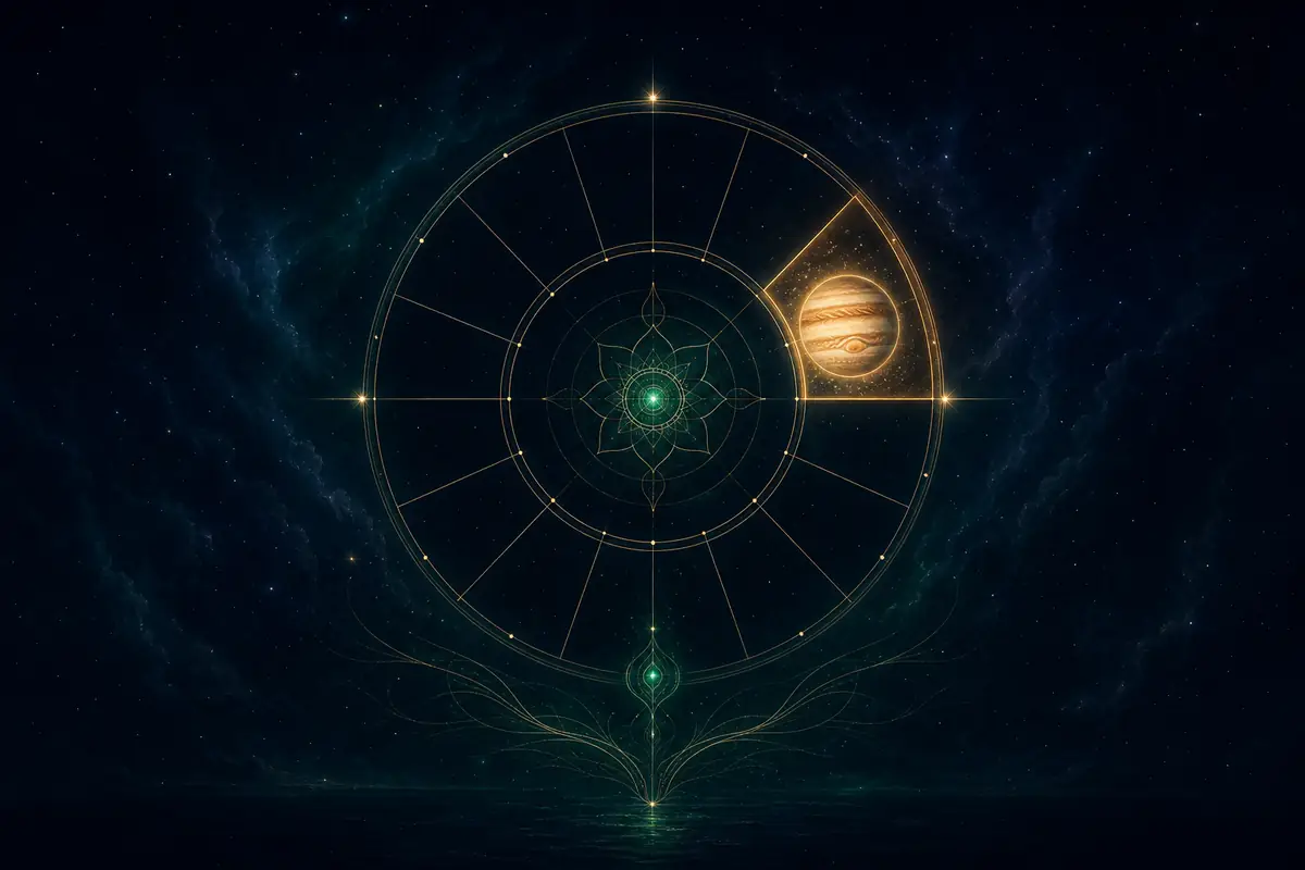 The banded giant planet Jupiter glowing warm gold with a soft halo, set in one lit segment of a twelve-part astrological wheel, the house of partnership on the Descendant.