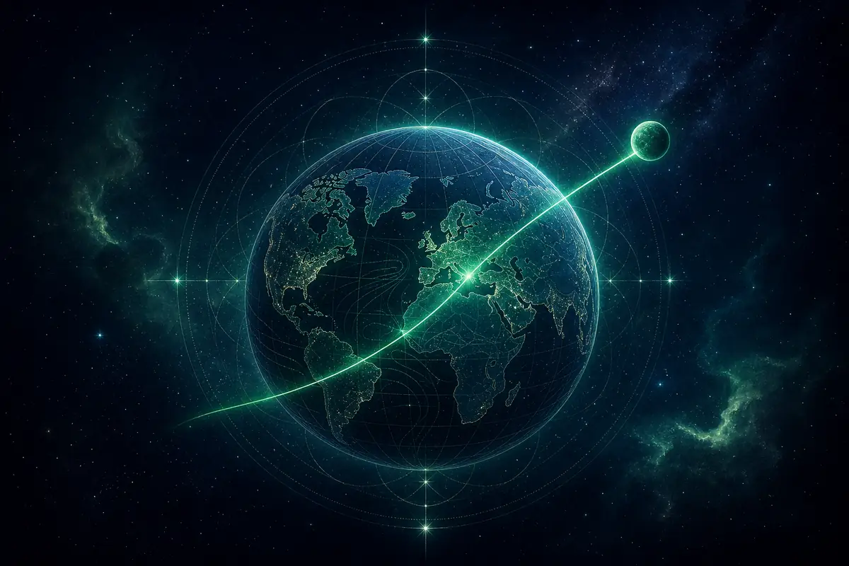 A rich cobalt Jupiter line arcing across a world map, suggesting abundance and wide open horizons.