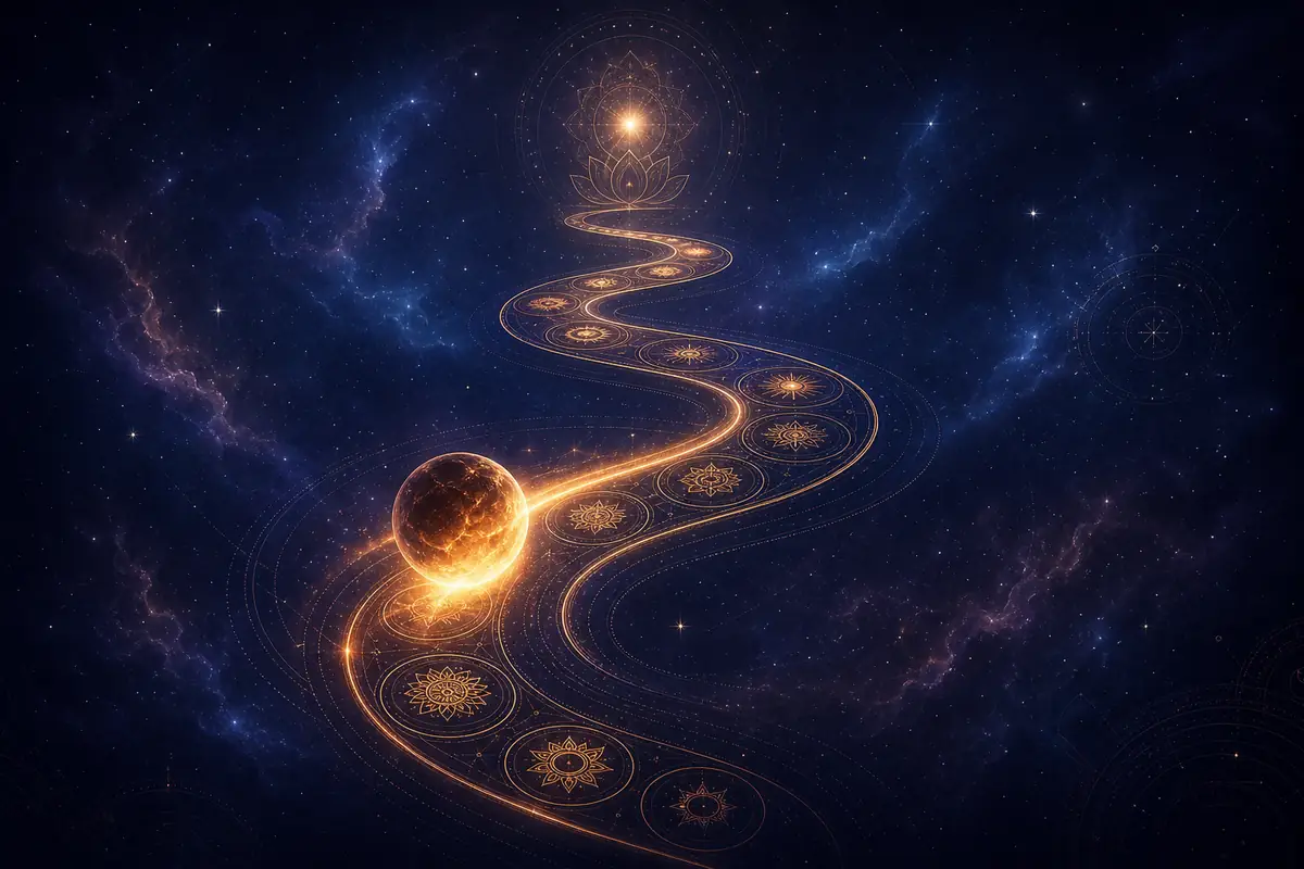 A luminous golden Jupiter surrounded by expansive light rays above a Vedic chart, symbolising wisdom and abundance.