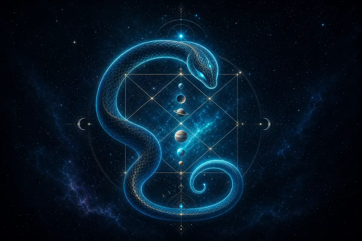 A serpent formed by Rahu and Ketu curving around a Vedic chart wheel with all seven planets enclosed within.