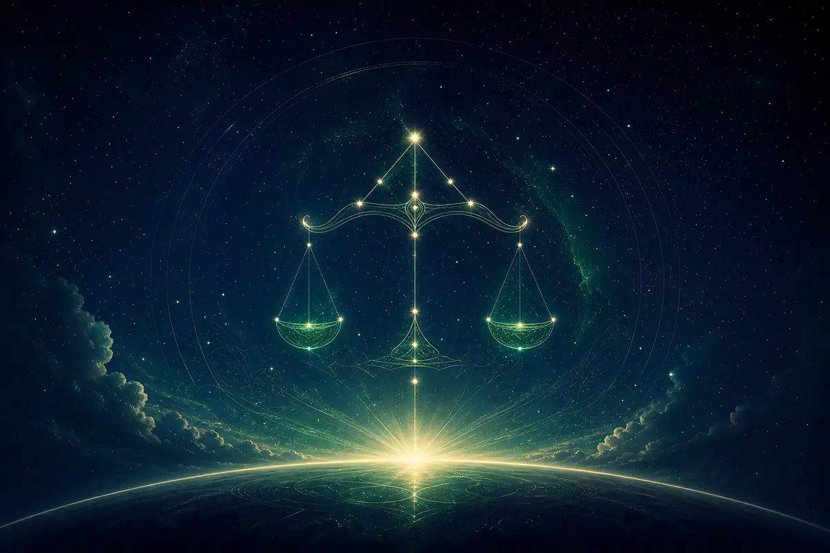 An elegant pair of golden scales perfectly balanced beneath a soft pink and lavender sky, symbolising the harmony-seeking nature of Libra Rising.