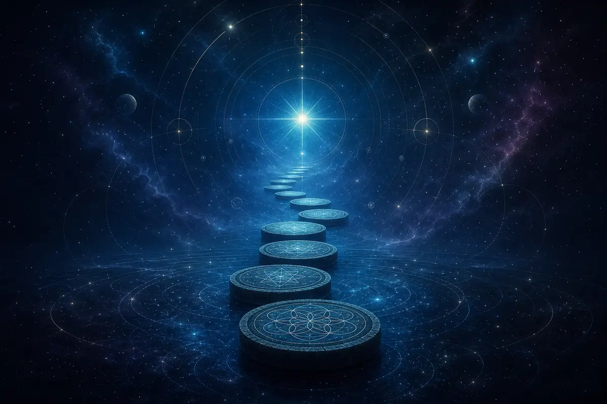 Three luminous threes forming the number 33 against a warm golden cosmic sky, radiating the master teacher's unconditional compassion.