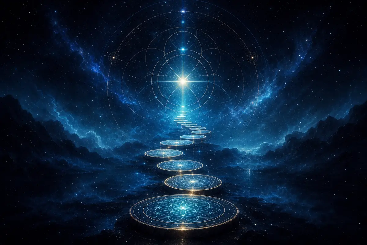 A luminous number nine dissolving at its base into stardust against a deep violet cosmic sky, symbolizing completion, wisdom, and universal compassion.
