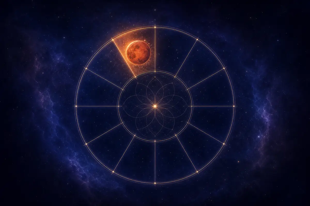 The red planet Mars glowing like an ember with a fine spark of light, set in the tenth lit segment of a twelve-part astrological wheel.