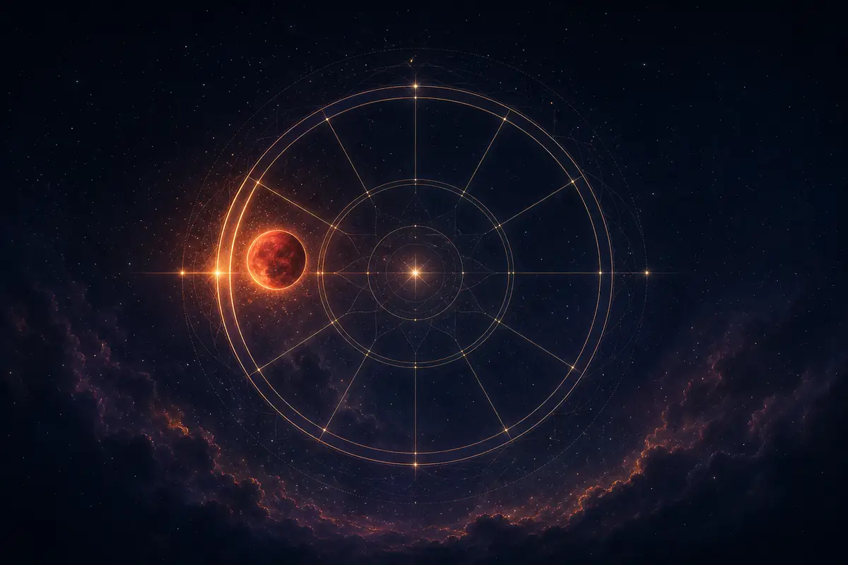 The red planet Mars glowing like an ember with a fine spark of light, set in the twelfth lit segment of a twelve-part astrological wheel.
