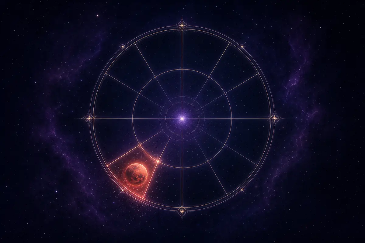 The red planet Mars glowing like an ember with a fine spark of light, set in the third lit segment of a twelve-part astrological wheel, drive moving through everyday speech.