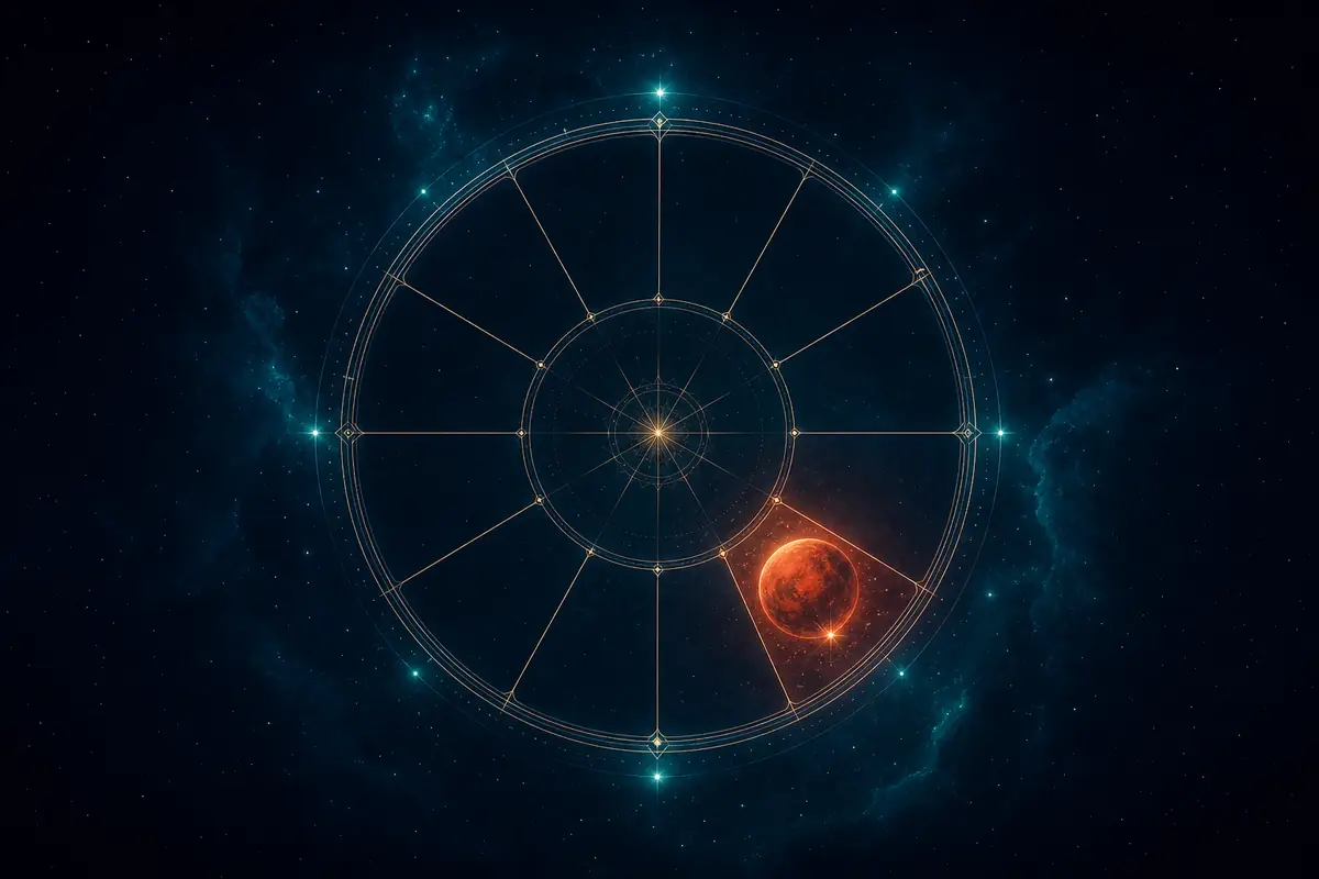 The red planet Mars glowing like an ember with a fine spark of light, set in the fifth lit segment of a twelve-part astrological wheel.